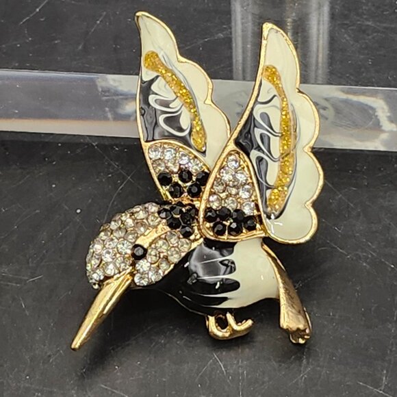 Betsey Johnson Hummingbird Pin Brooch Black White Gold Enamel Rhinestones NOS - Picture 4 of 6